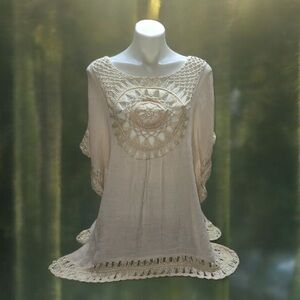 * bohemian tan Crochet Tunic size 1X with crochet trim